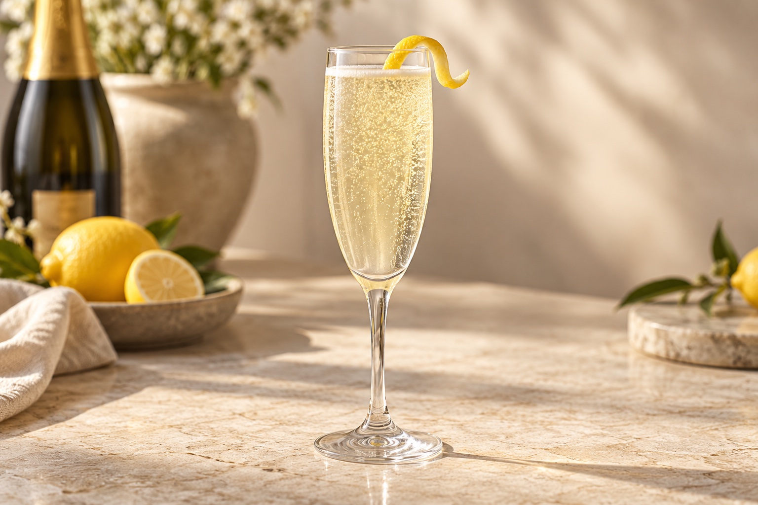Golden French 75 in a flute with fine bubbles and a small lemon twist against an ivory background. AI-generated illustration.