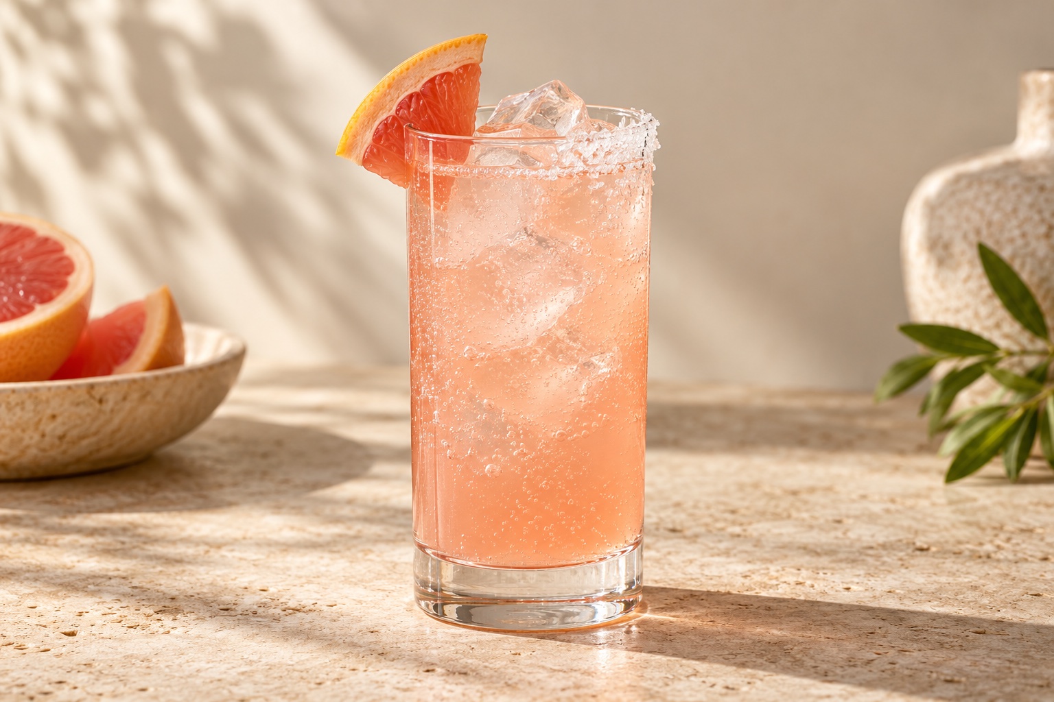 Pale pink Paloma in a tall glass with ice, grapefruit and a partially salted rim against an ivory background. AI-generated illustration.