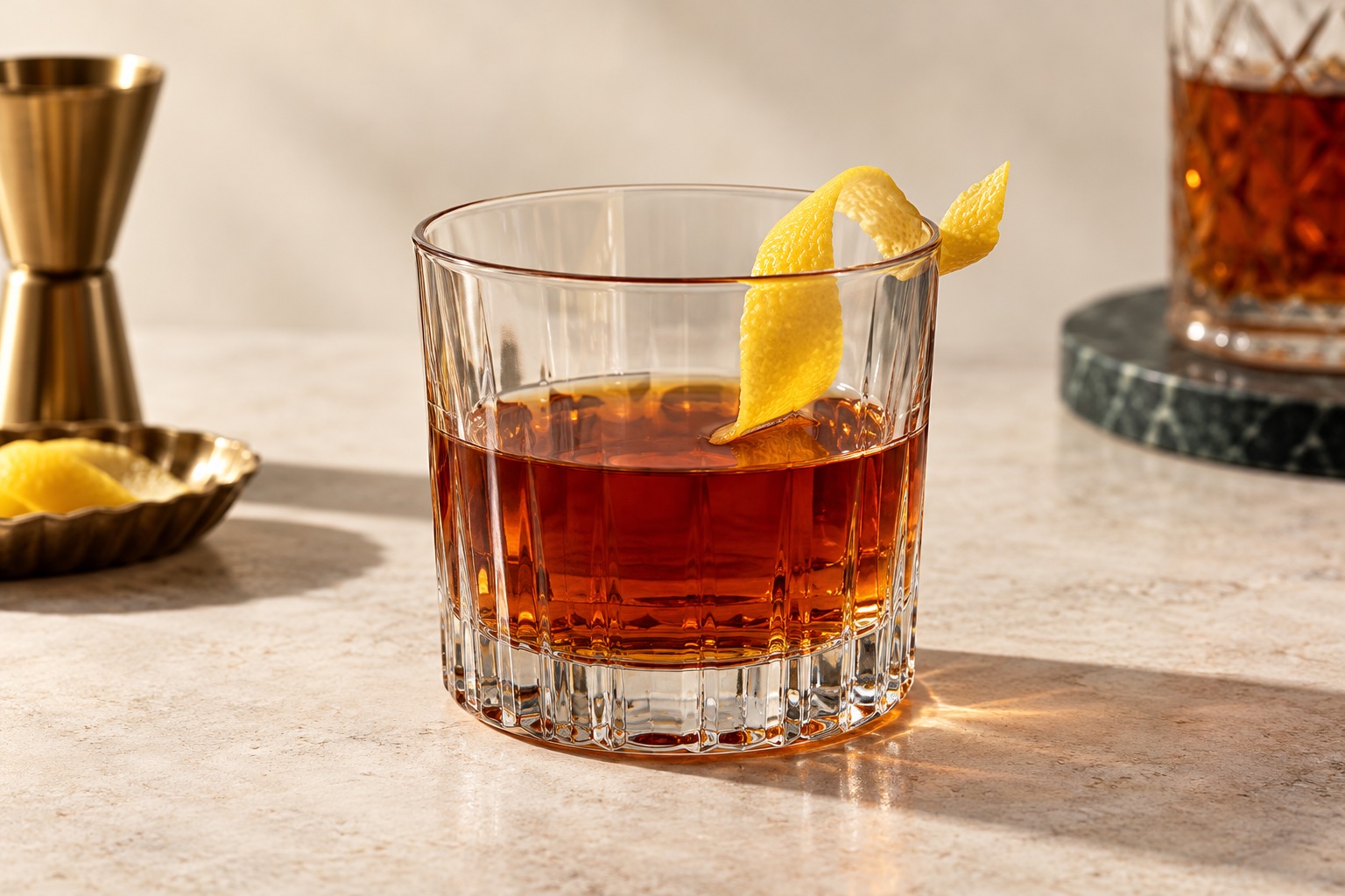 Amber Sazerac in a rocks glass without ice, garnished with lemon peel against an ivory background. AI-generated illustration.